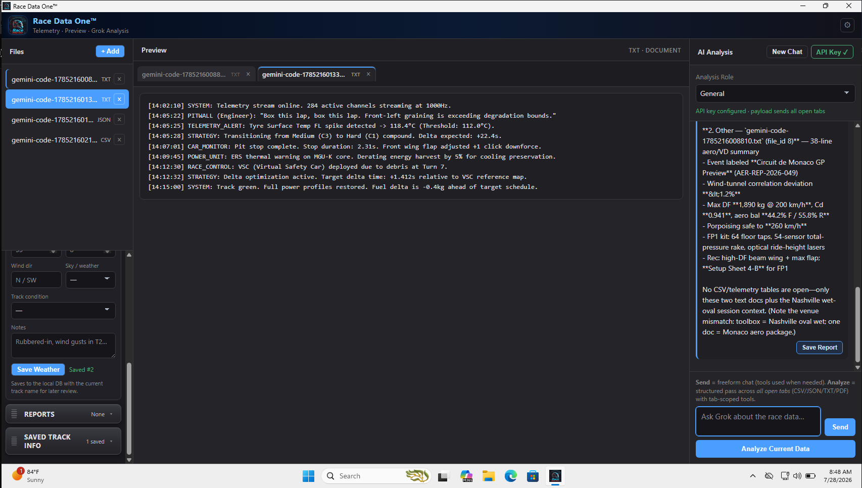 Race Data One multi-tab analysis workspace